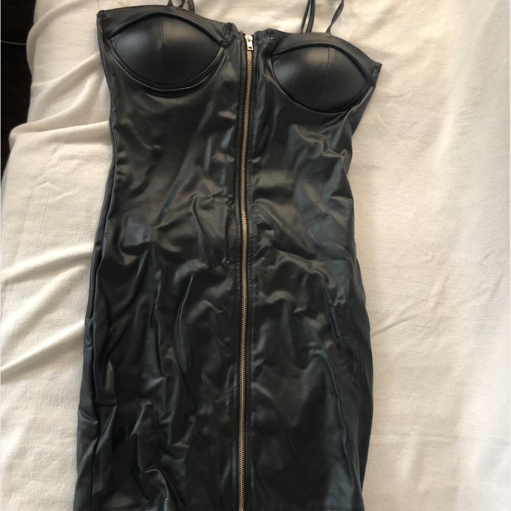 Zip-up black pleather mini dress size with bodice size Medium
